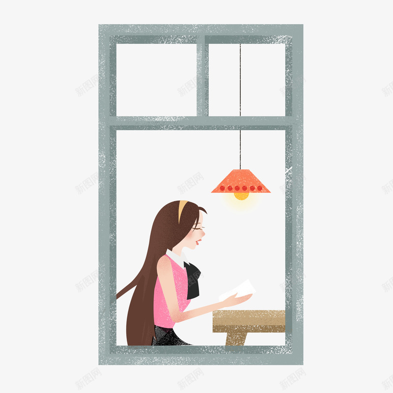 手绘卡通场景窗前美女png免抠素材_新图网 https://ixintu.com 卡通人物 吊灯 场景 手绘 插画 窗前美女