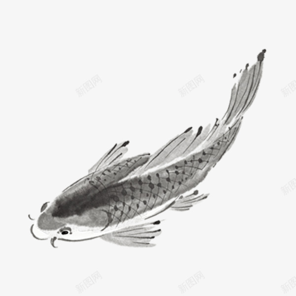水墨画鱼psd免抠素材_新图网 https://ixintu.com 水墨 游鱼 简洁 黑白