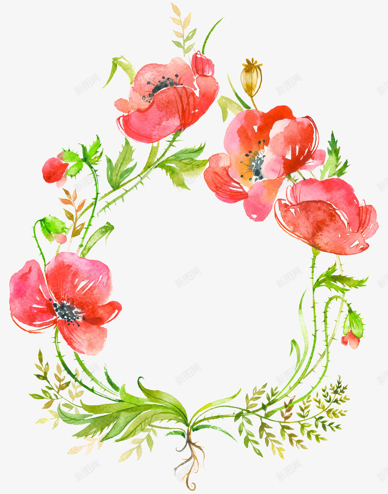 手绘唯美红色花卉花环插画png免抠素材_新图网 https://ixintu.com 手绘花卉插画素材 水彩花卉插画素材 红色花卉插画素材 花环插画素材库