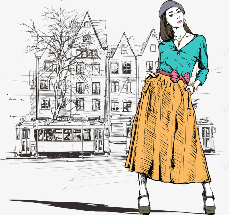 长裙女孩矢量图eps免抠素材_新图网 https://ixintu.com 人物 人物插画 卡通人物 性感女孩 手绘人物 手绘建筑 手绘美女 矢量美女 美女 长裙女孩 矢量图