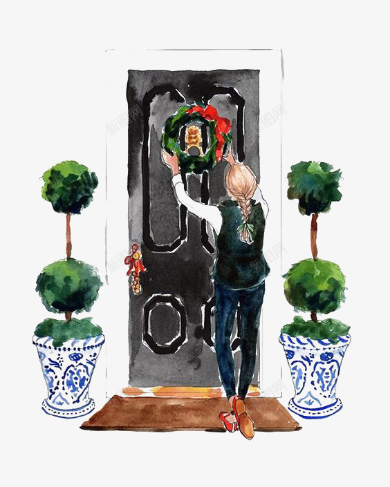水彩大门png免抠素材_新图网 https://ixintu.com 卡通 大门 女人 手绘 插画 植物 欧美 水彩