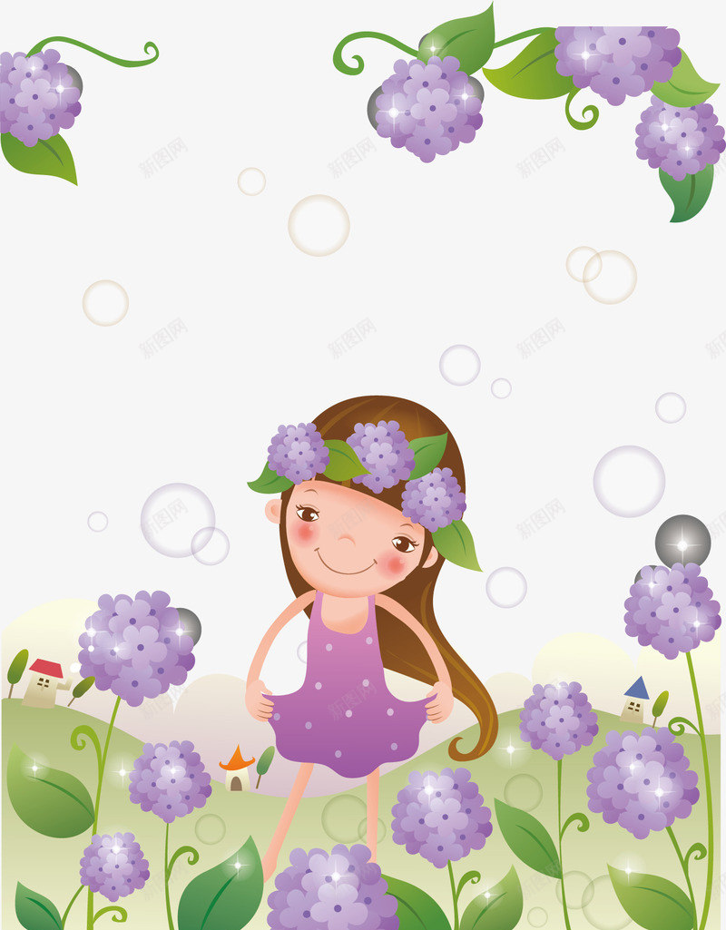 紫色花海矢量图ai免抠素材_新图网 https://ixintu.com 女孩 紫花 花环 矢量图