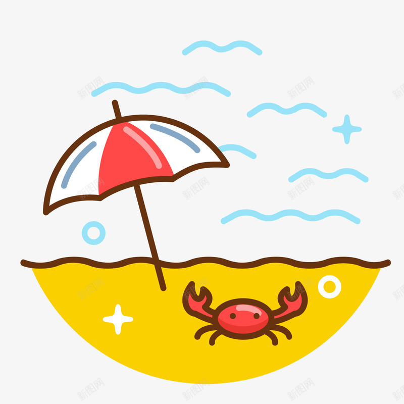 黄色手绘螃蟹元素png免抠素材_新图网 https://ixintu.com 云朵 卡通插画 度假 弯曲 手绘 波纹 线稿 螃蟹 黄色
