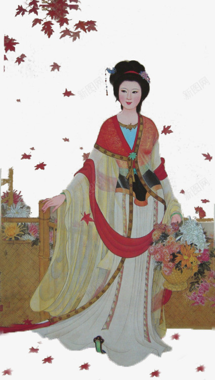 秋天枫叶古典美女png免抠素材_新图网 https://ixintu.com 古典 工笔画 枫叶 水墨画 秋天 飘落
