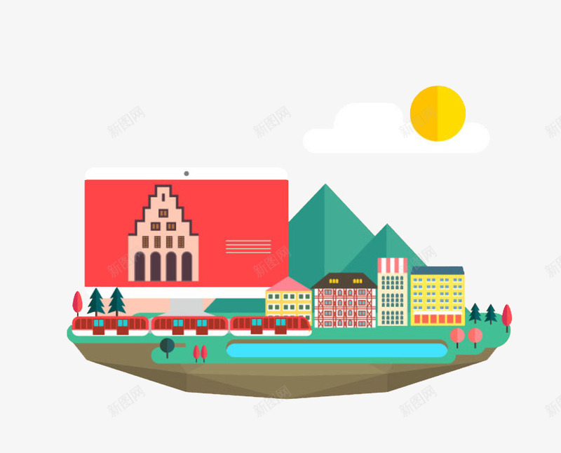 欧美粉色建筑楼png免抠素材_新图网 https://ixintu.com 创意 卡通 太阳 山 建筑物 扁平风格 手绘 旅游插画