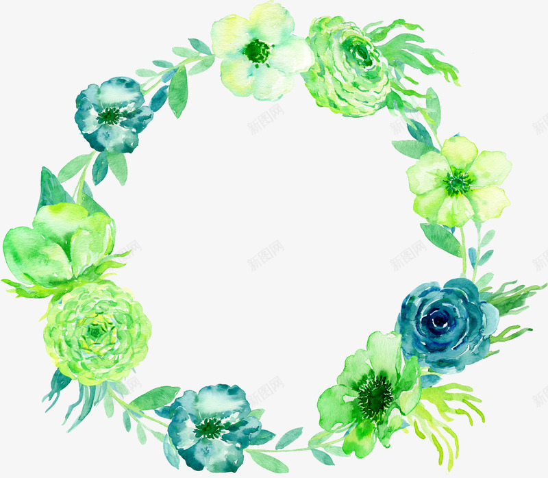 水墨花环png免抠素材_新图网 https://ixintu.com 卡通 叶子 水墨 绿色 花朵 花环 藤条 装饰