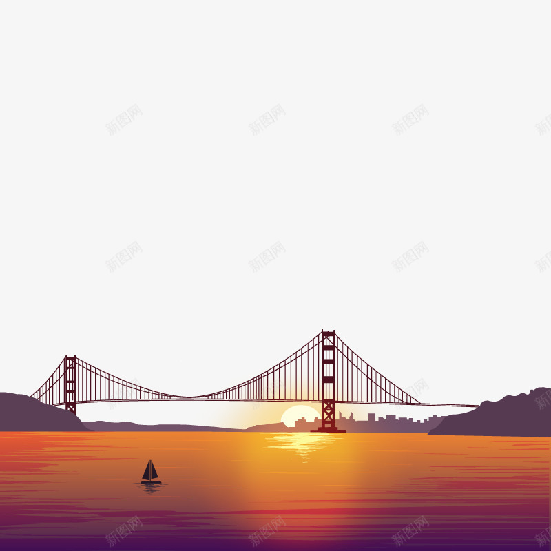 夕阳下矢量图ai免抠素材_新图网 https://ixintu.com 城市 大桥 小船 河流 矢量图