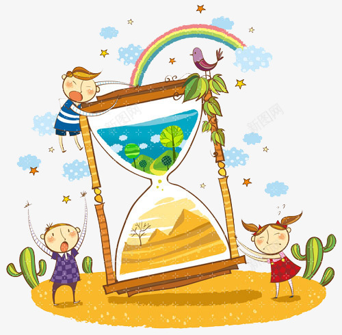 卡通抽象插画png免抠素材_新图网 https://ixintu.com 云朵 卡通 小孩 彩虹 想象 抽象 沙漏计时器 漏斗ppt 绘画