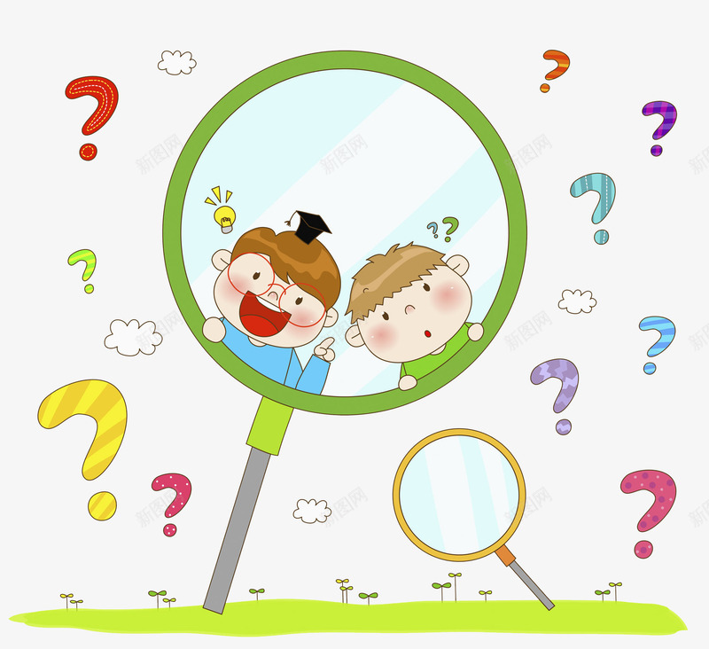 卡通人物png免抠素材_新图网 https://ixintu.com 云朵 人物 博士帽 卡通 可爱 多个问号出现 手绘 打问号 没有头绪 照镜子 疑问 蓝色镜子 镜子里的人 问号