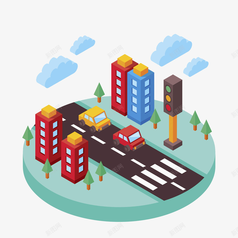 简约建筑png免抠素材_新图网 https://ixintu.com 云朵 公路 大楼 建筑 手绘 松树 汽车 立体 简约