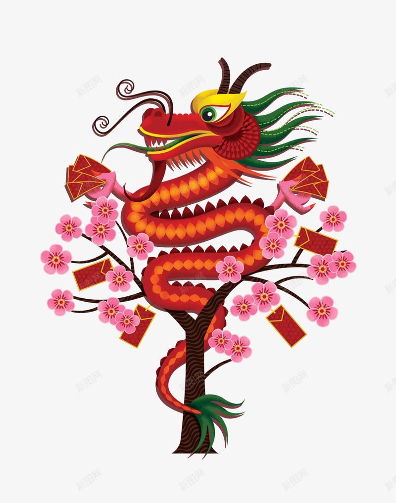 中国风樱花小龙插画psd免抠素材_新图网 https://ixintu.com 中国风 传统 春季 樱花 民间风情 节日 龙头节 龙抬头