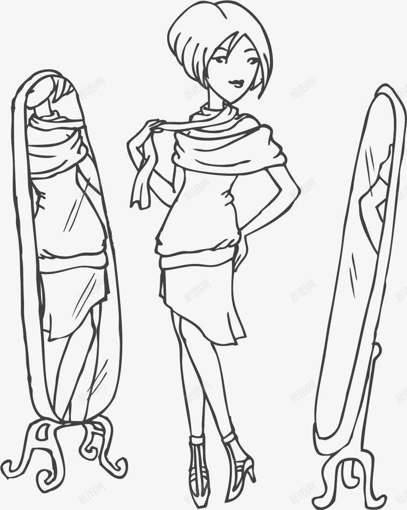 女孩插画png免抠素材_新图网 https://ixintu.com 可爱女孩 女孩卡通画 女孩矢量图 照镜子美女 穿衣镜 线描女孩