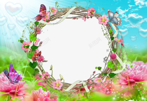蓝天白云背景相框png免抠素材_新图网 https://ixintu.com 动漫蓝天白云图片 圆形 相框 花朵 边框