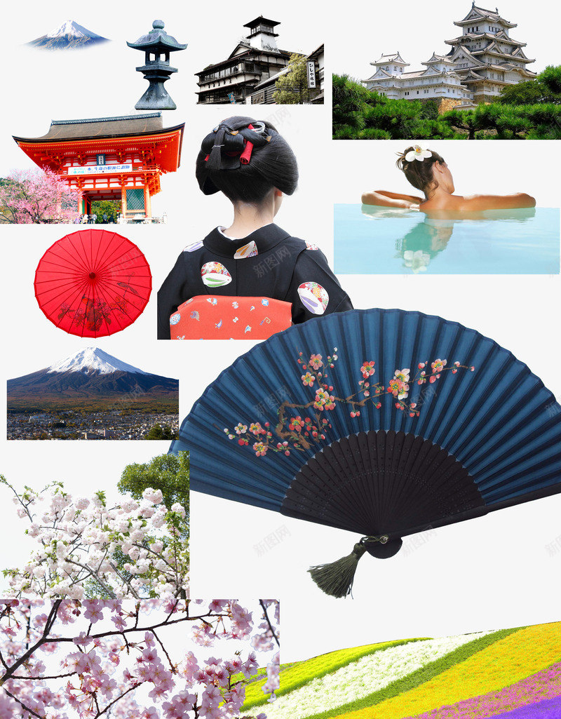 日本旅游png免抠素材_新图网 https://ixintu.com 伞 扇子 樱花 艺伎