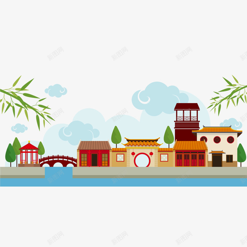 云朵建筑png免抠素材_新图网 https://ixintu.com 云朵 卡通 建筑 棕色 楼房 绿色 街道 黄色