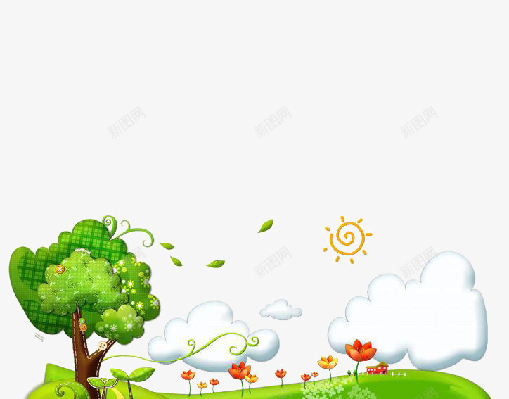 卡通风景背景png免抠素材_新图网 https://ixintu.com 卡通 白云 绿色 背景 花草 草地 风景