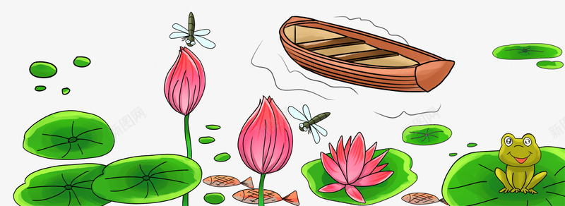 小清新手绘荷塘插画psd免抠素材_新图网 https://ixintu.com 小清新 小船 手绘插画 荷叶 荷塘 荷花 装饰图案