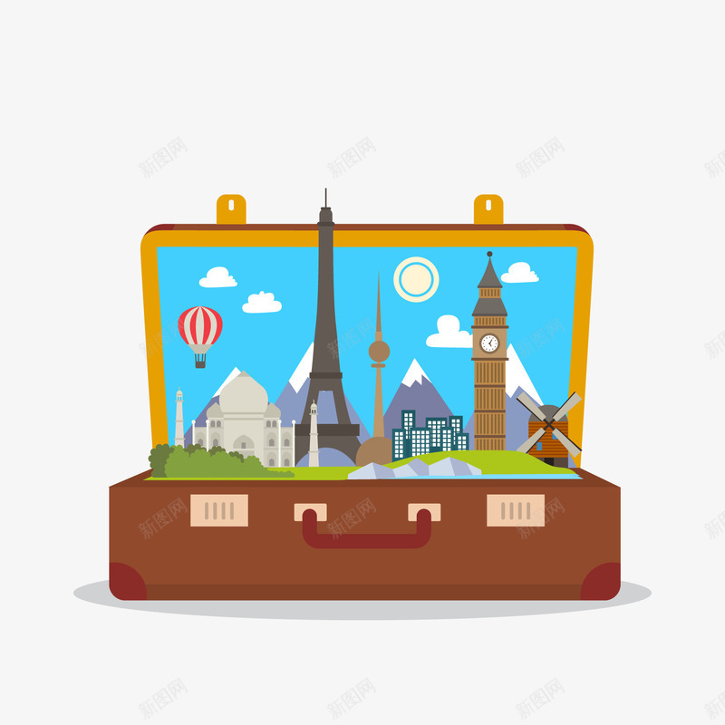 沿途风景png免抠素材_新图网 https://ixintu.com 云朵 旅途 箱子 蓝天