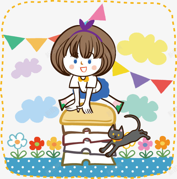卡通手绘小女孩png免抠素材_新图网 https://ixintu.com 卡通云彩 小彩旗 小猫 板凳