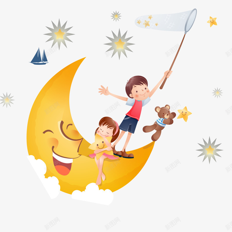 卡通创意儿童人物插画矢量图ai免抠素材_新图网 https://ixintu.com 儿童 创意 卡通 插画设计 摘星星 矢量图