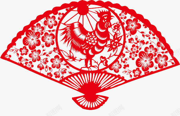 扇子形状鸡年剪纸png免抠素材_新图网 https://ixintu.com 剪纸 卡通樱花红色扇子 扇子 窗花 红色 鸡