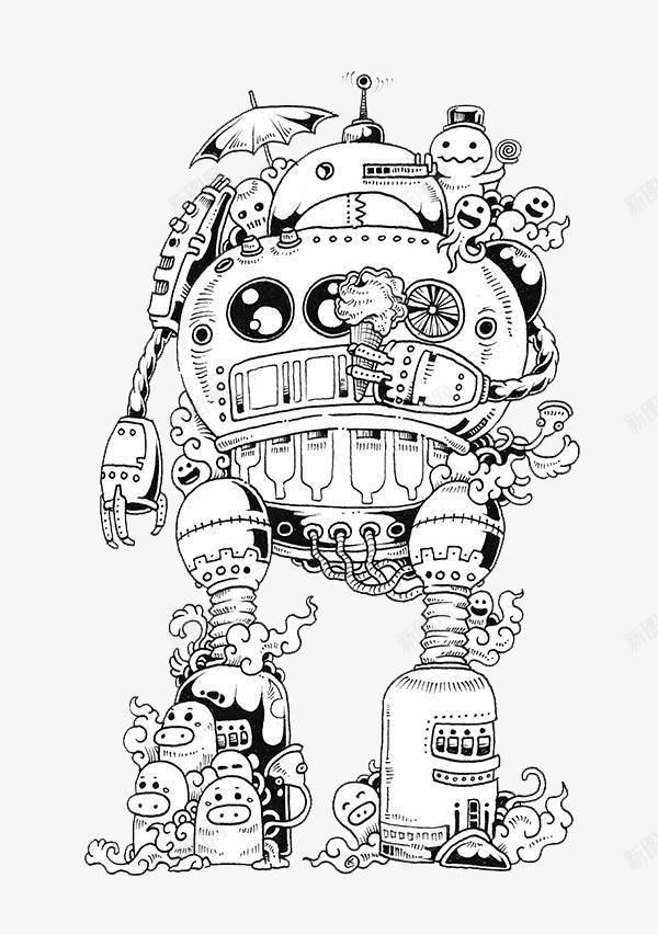 机器人png免抠素材_新图网 https://ixintu.com 伞 机器人 章鱼 黑白线描稿