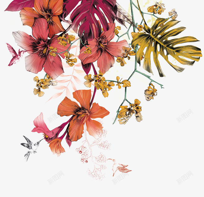 手绘鲜花背景png免抠素材_新图网 https://ixintu.com 植物元素 红色鲜花 背景装饰 黄色叶子