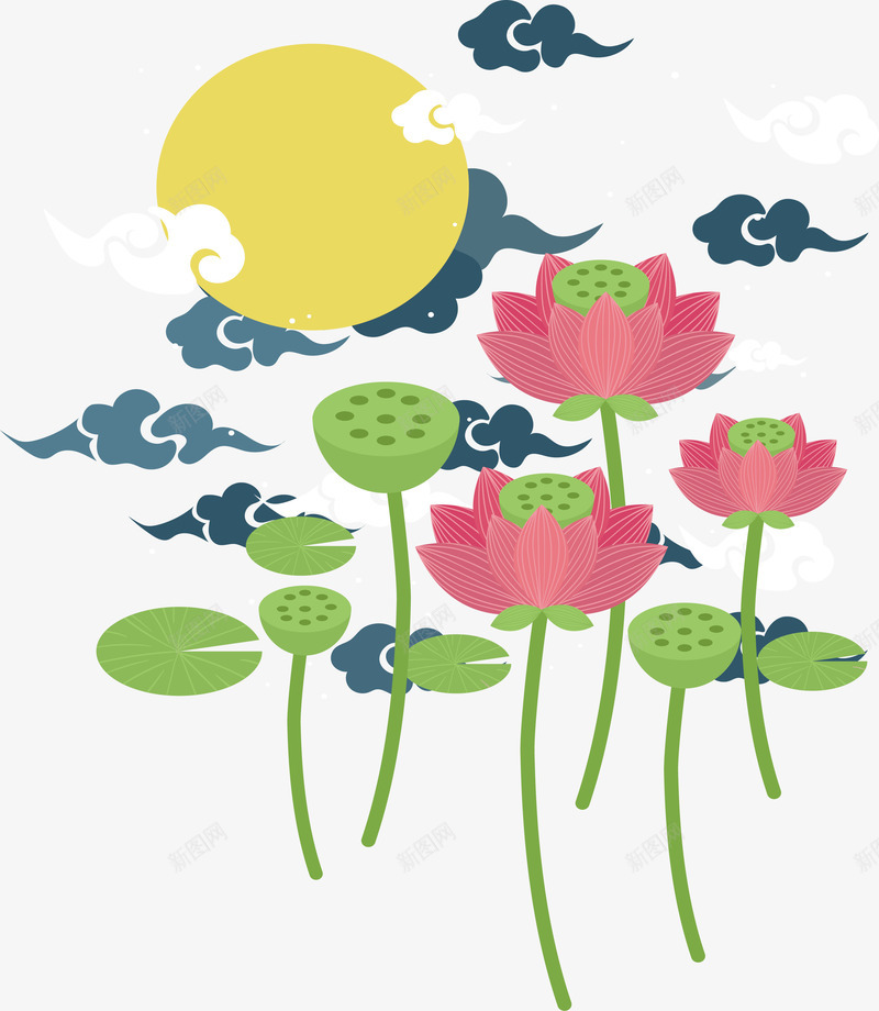 美丽的荷花塘矢量图ai免抠素材_新图网 https://ixintu.com 中秋夜 矢量png 粉红色 粉色荷花 荷花 荷花塘 矢量图