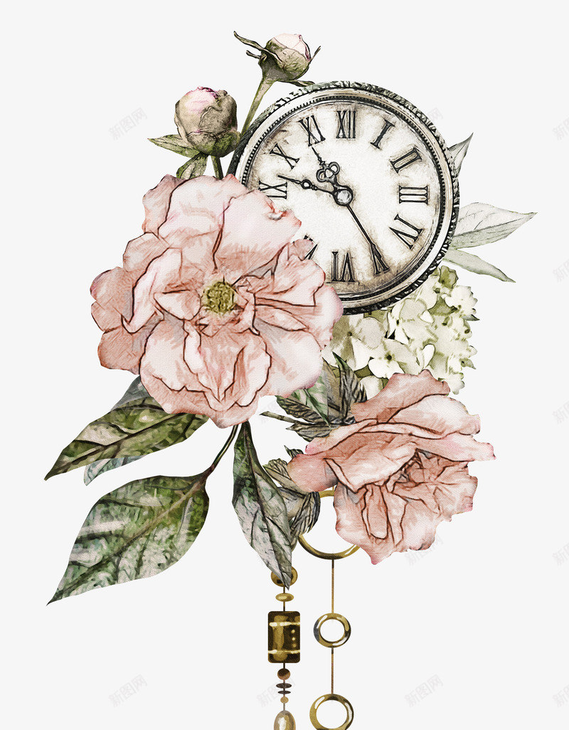 手绘粉色花朵和闹钟png免抠素材_新图网 https://ixintu.com 创意 卡通手绘 叶子 植物 水彩 白色 粉色 花朵 闹钟 鲜花