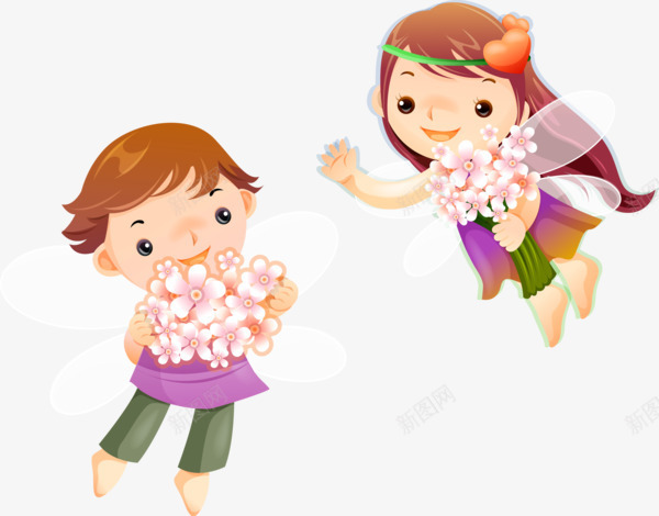 手捧鲜花的男孩女孩png免抠素材_新图网 https://ixintu.com 卡通 女孩 男孩 花仙子