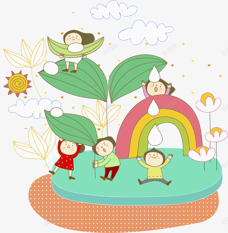 卡通玩耍场景png免抠素材_新图网 https://ixintu.com 云朵 卡通 场景 太阳 彩虹 手绘 玩耍 男孩 立体 花朵