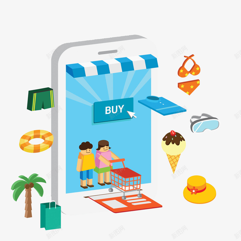 扁平风手机购物图png免抠素材_新图网 https://ixintu.com 创意的 卡通 商品 商店 手机 插图 网购 车子