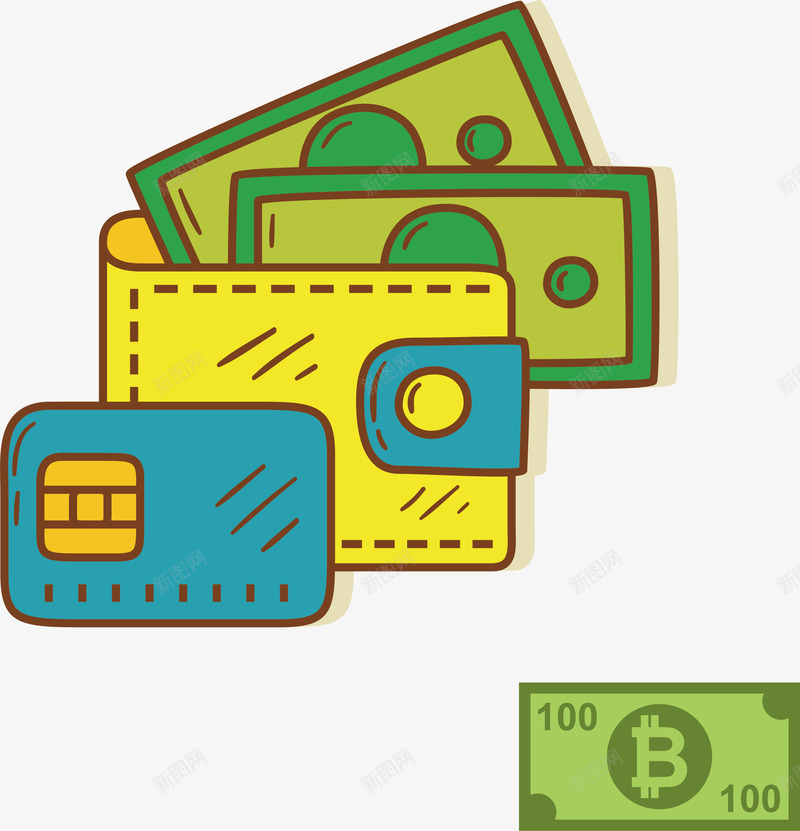 手绘钱包货币金融金币矢量图ai免抠素材_新图网 https://ixintu.com 保险柜 信用卡 商业 手绘 矢量图设计 绿色 设计 货币 金融 钱 钱包货币 钱币 锁 黄色 矢量图