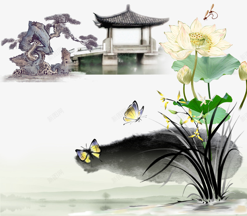 复古中国风水墨画png免抠素材_新图网 https://ixintu.com 中国风 亭子 水墨亭 水墨画 荷花
