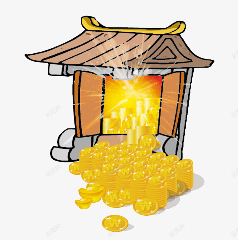 财富之门png免抠素材_新图网 https://ixintu.com 元宝 光 卡通 古门 开启门 开门 设计 财富 金币 钱币 门