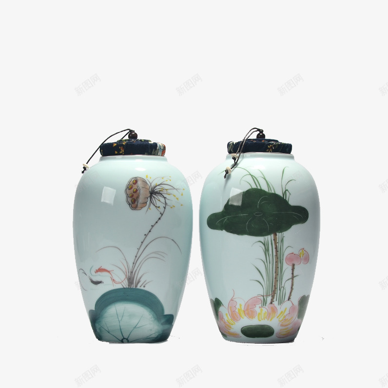 手绘青瓷花荷花茶叶罐png免抠素材_新图网 https://ixintu.com 产品实物 免费png图片 密封罐 软木塞 陶瓷