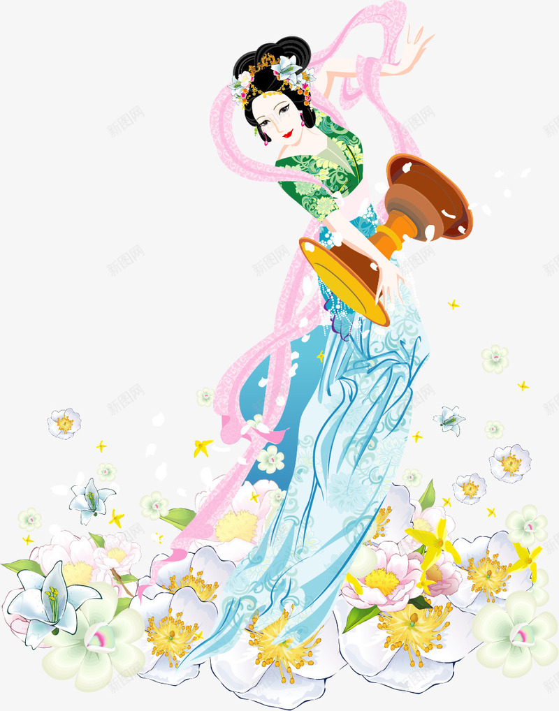 手绘古代舞女矢量图ai免抠素材_新图网 https://ixintu.com 乐器 古代舞女 手绘 鲜花 矢量图