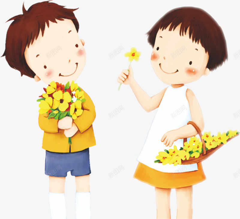 端着鲜花的俩卡通女孩png免抠素材_新图网 https://ixintu.com 儿童 卡通女孩 女孩 小女孩