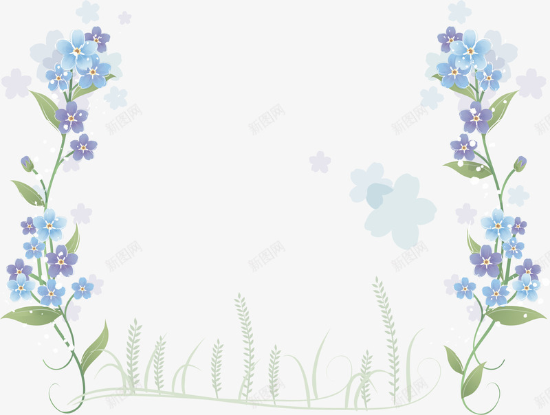 手绘蓝色鲜花边框png免抠素材_新图网 https://ixintu.com AI 卡通 手绘 绿草 花朵 花朵底纹 花边 蓝色 边框 鲜花