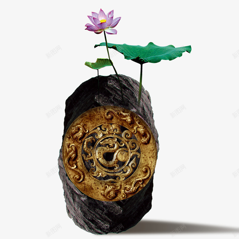 中国风石头荷花psd免抠素材_新图网 https://ixintu.com 中国风素材 石头 荷叶 荷花 金色纹理