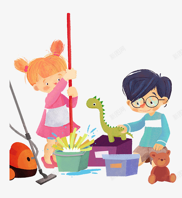 一起做家务的姐弟png免抠素材_新图网 https://ixintu.com 创意设计 卡通人物动物 手绘插画