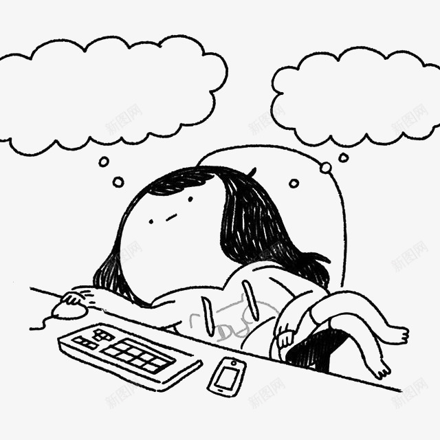 电脑的懒散女孩png免抠素材_新图网 https://ixintu.com 女孩 手机 手绘 线条描绘 键盘 黑色
