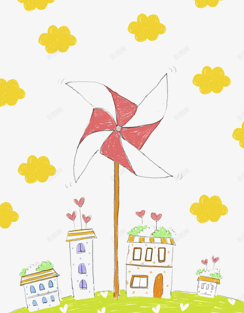 大风车和房子png免抠素材_新图网 https://ixintu.com 云彩 云朵 建筑物 爱心 红色风车 绿色植物 草地