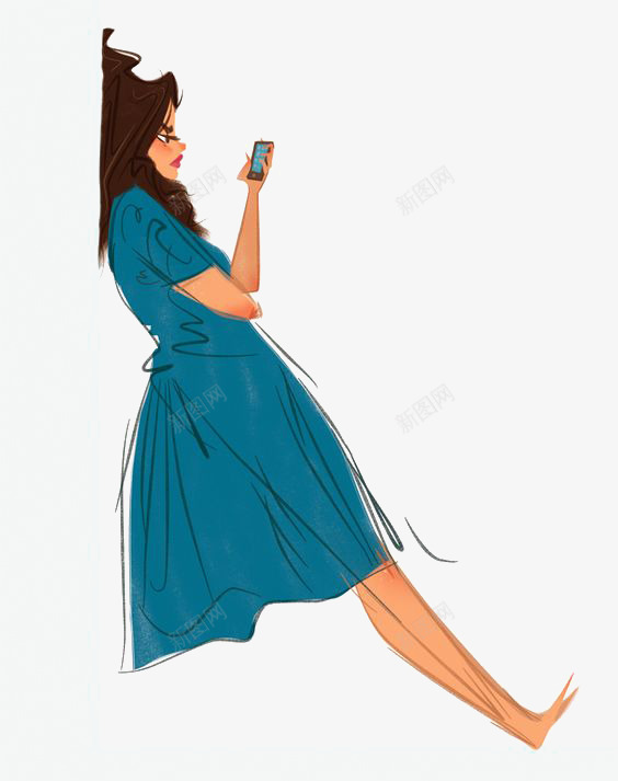 com 女生 玩手机 生气 裙子 靠墙