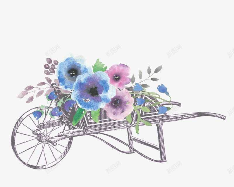 手绘鲜花手推车png免抠素材_新图网 https://ixintu.com 园丁 园艺 手绘 水彩 水粉 鲜花