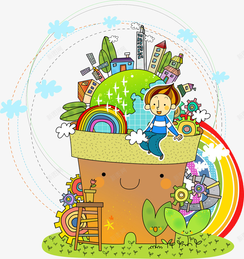 盆栽中的世界png免抠素材_新图网 https://ixintu.com 云朵 卡通 小草 彩虹 手绘 树木 楼房 男孩 盆栽 草地