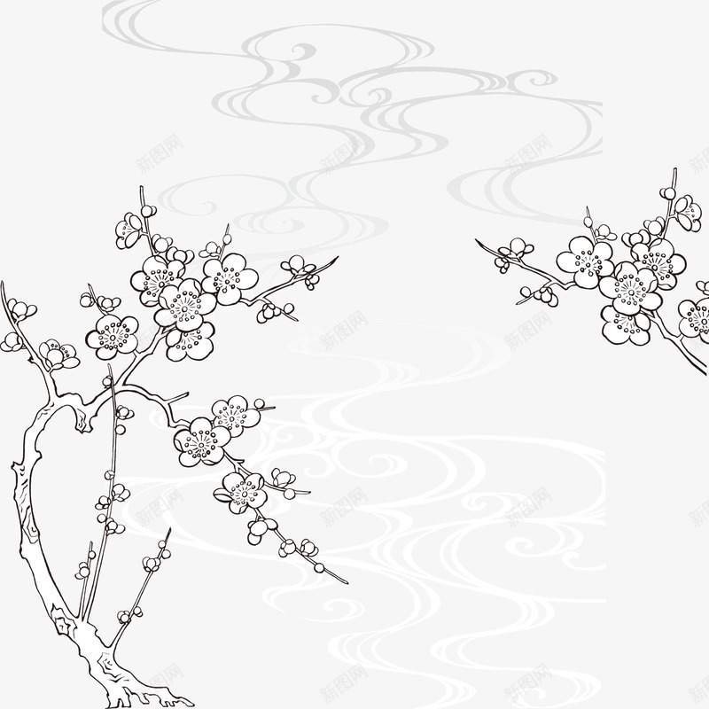 简笔画梅花波纹psd免抠素材_新图网 https://ixintu.com 梅花 梅花描边 梅花线描图 波纹 素描 黑白简笔画