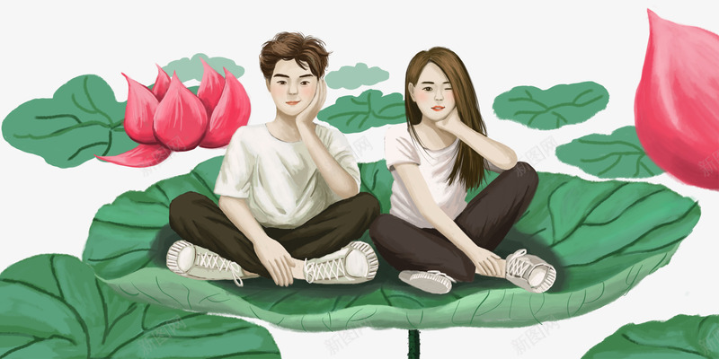 荷叶上的情侣插画psd免抠素材_新图网 https://ixintu.com 情侣 手绘插画 荷叶 荷塘 荷花 装饰图案