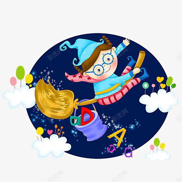 卡通骑着魔法扫帚的小女巫png免抠素材_新图网 https://ixintu.com 云朵 卡通女孩 女巫 扫帚 插画 漫画 童话 魔法 魔法扫帚