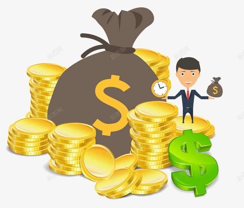 满满的金币png免抠素材_新图网 https://ixintu.com 人偶 撒金币 美元 袋子 钱币